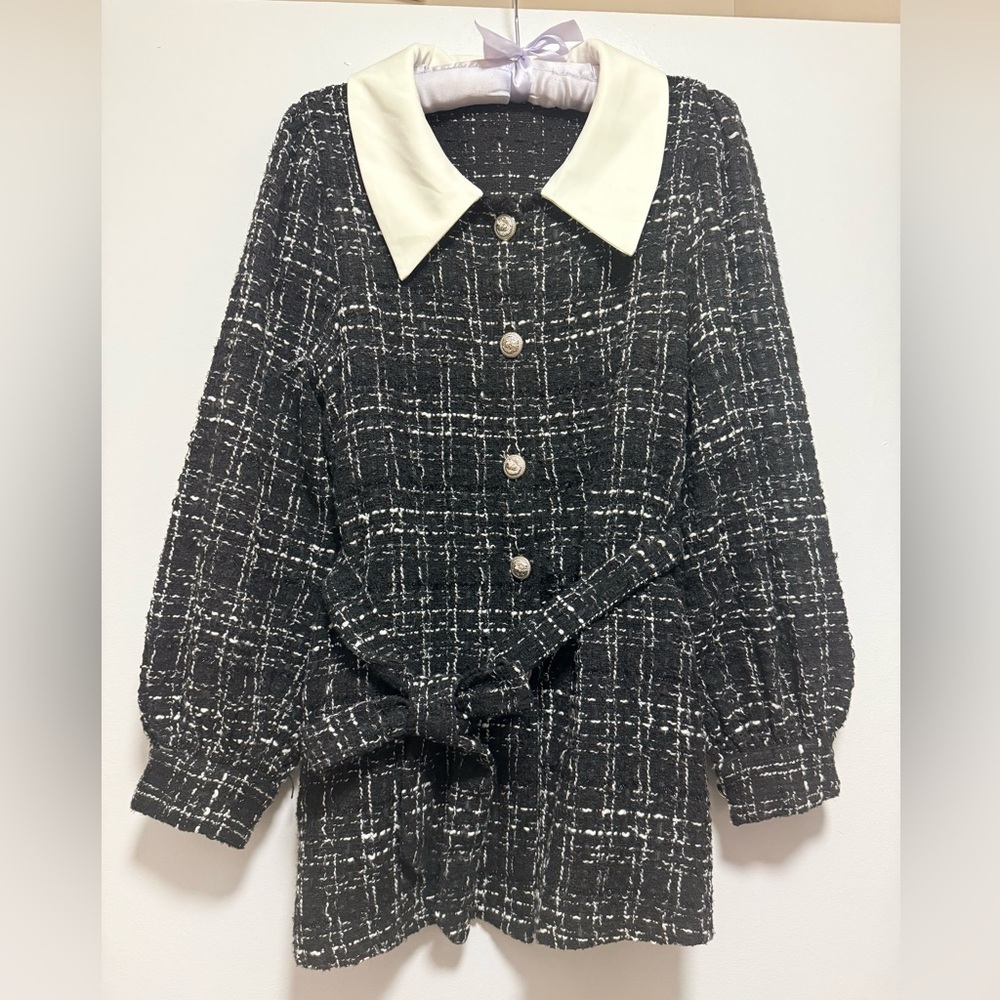 Chic Black and White Tweed Dress with Cream Collar